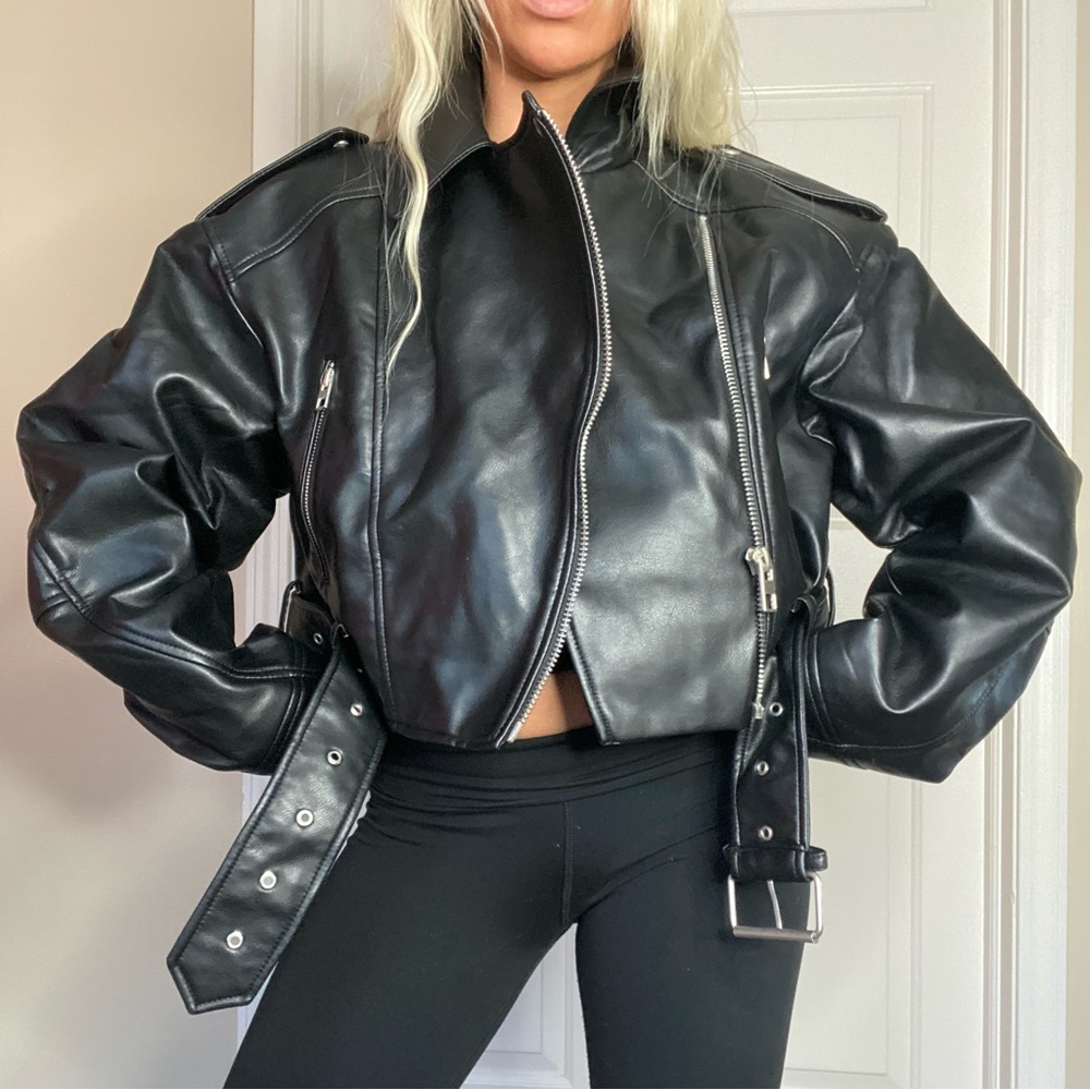 Zara FAUX LEATHER CROP BIKER JACKET